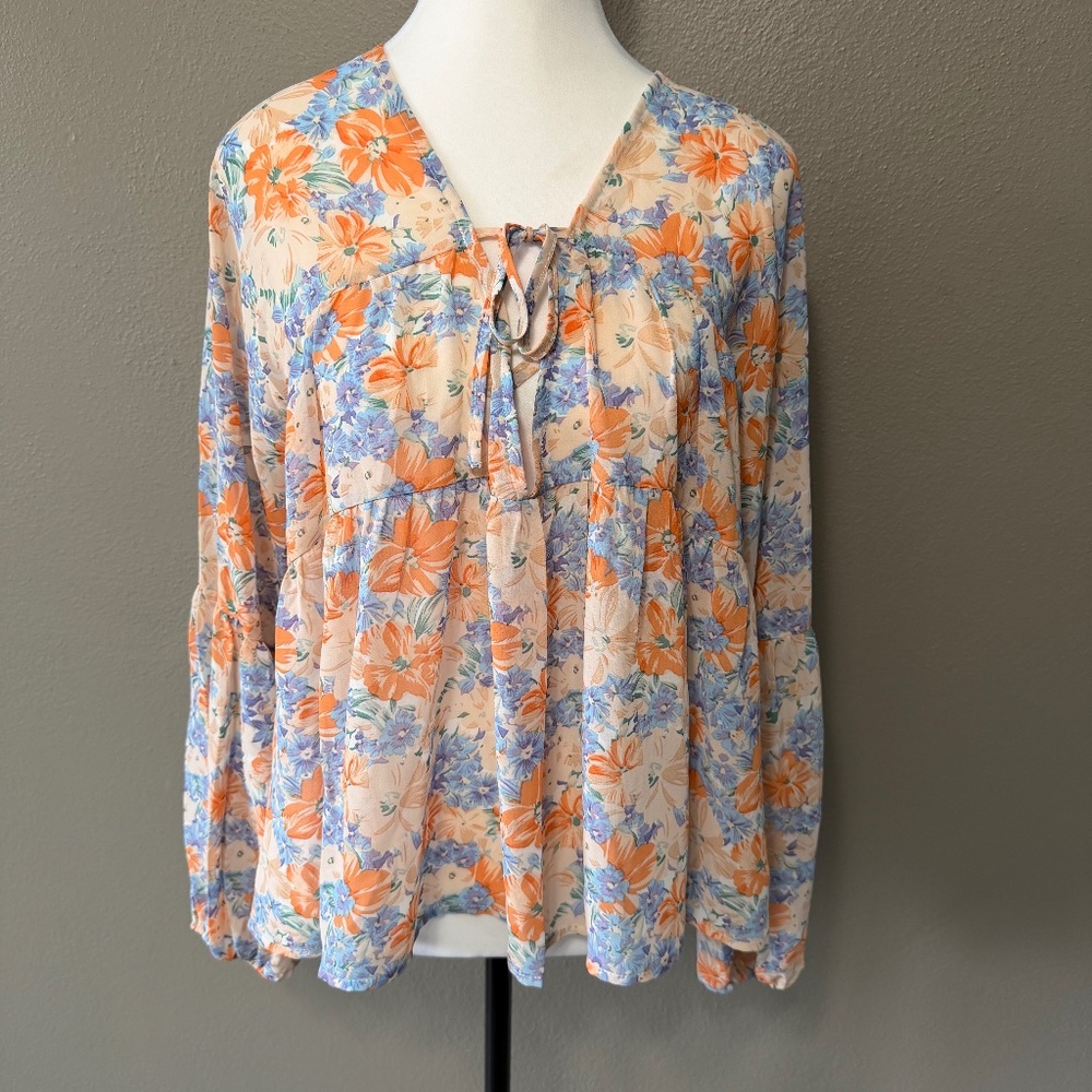 SHEIN Babydoll Sheer Boho Tie V-Neck Balloon Sleeve Floral Peasant Blouse Size 6
